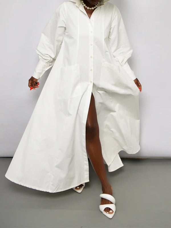 Solid Side-Slit Shirt Dress  Fashionpara