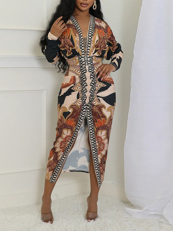 Printed V-Neck Ruched Dress  Fashionpara