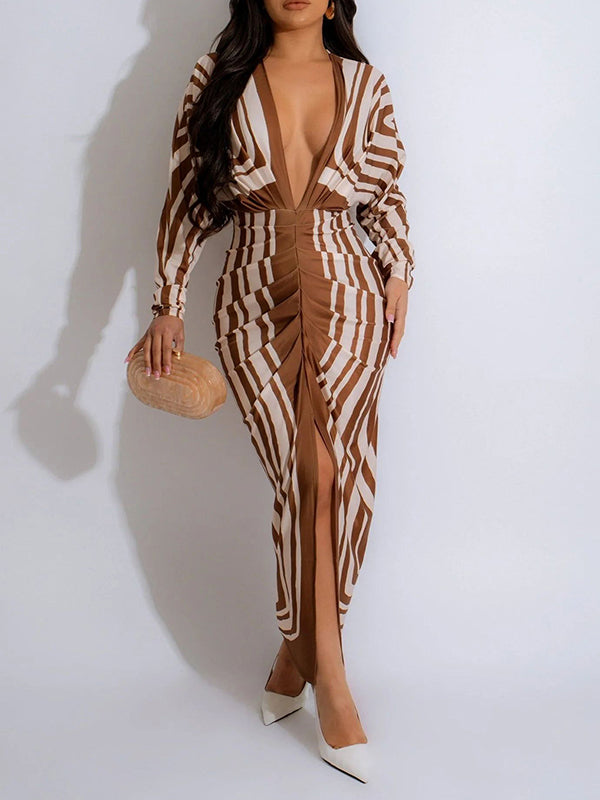 Printed V-Neck Ruched Dress  Fashionpara