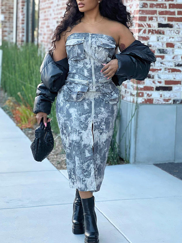 Printed Zip-Front Cargo Dress  Fashionpara