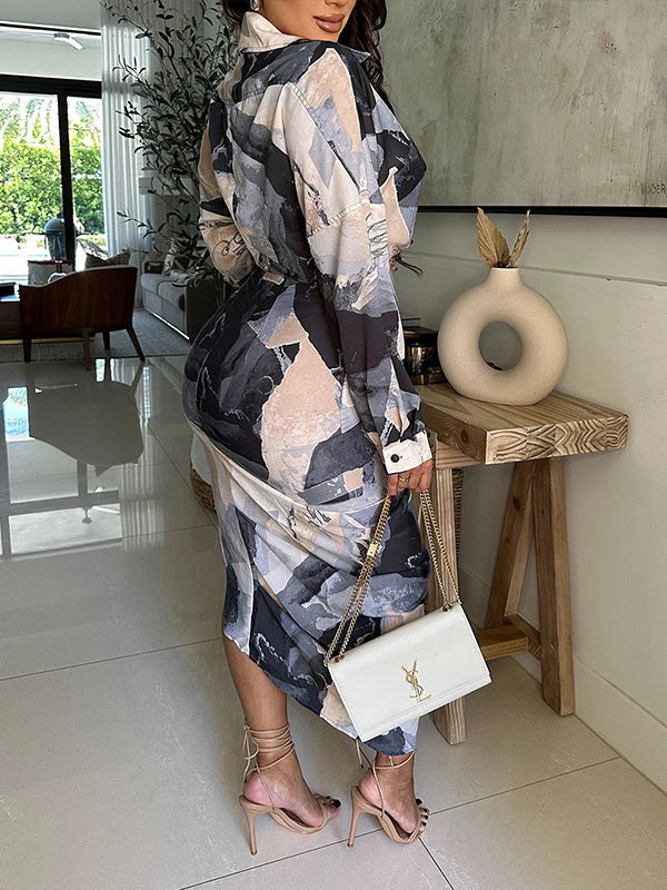 Printed Slit Shirt Dress  Fashionpara