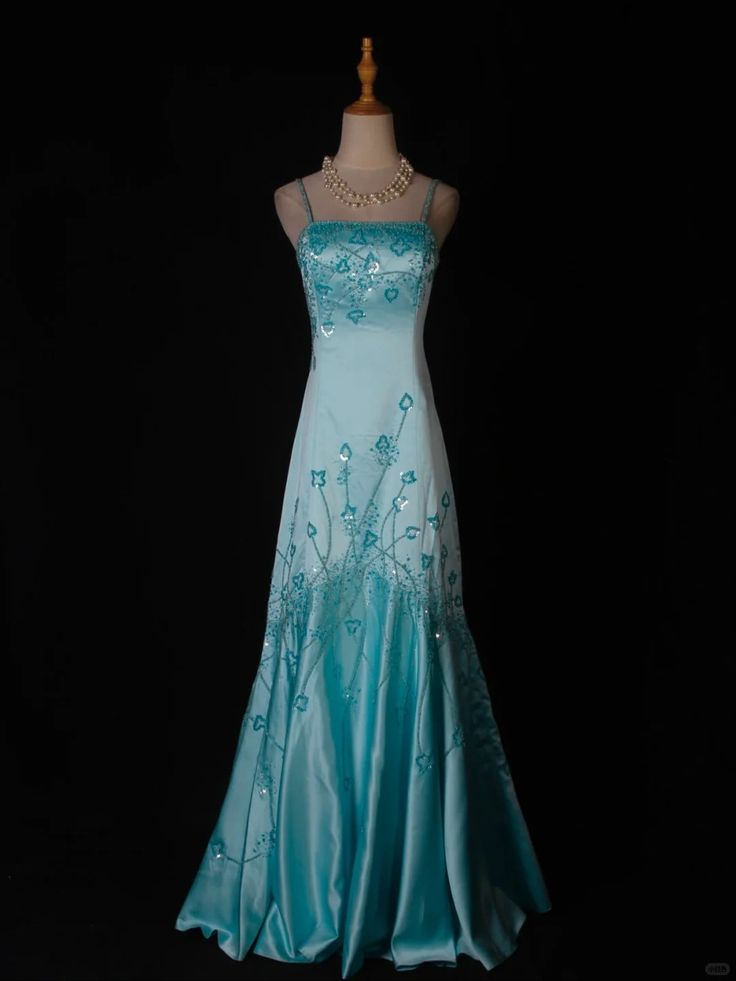 Stylish Spaghetti Straps Ombre Blue Satin Sequin Beaded Mermaid Long Evening Dress Party Gown D1404