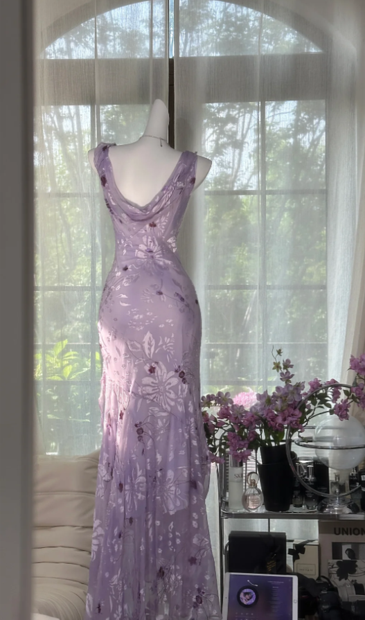 Pretty Lilac Chiffon Print Floral Beaded Mermaid Prom Dress Long Evening Dress D927