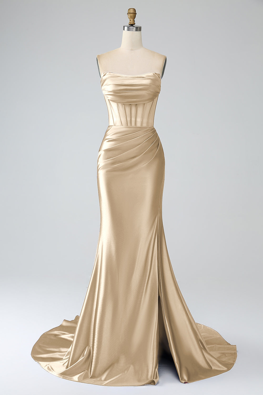 Royal Blue Mermaid Strapless Pleated Corset Long Prom Dress with Slit