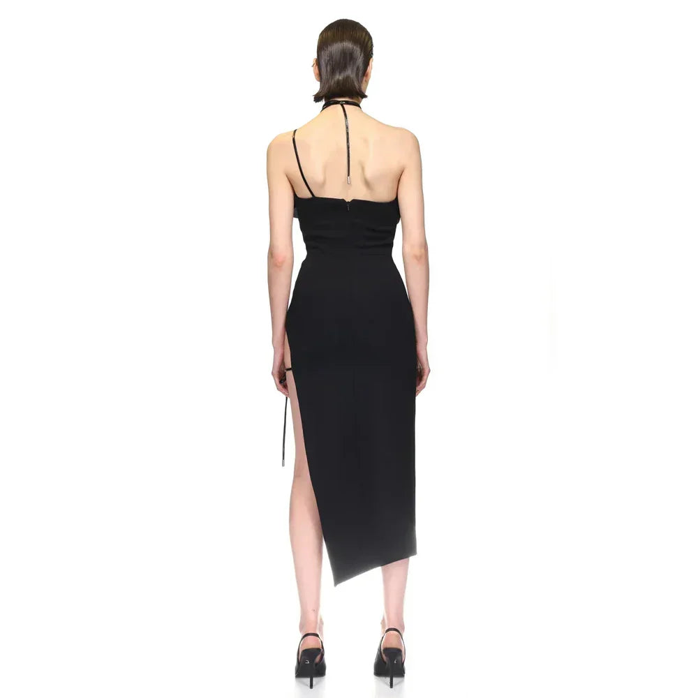 Ruffle Trim Strapless High Slit Midi Dress