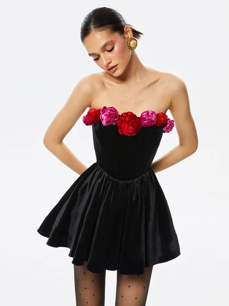 Velvet Strapless Rosette Bubble Hem Mini Dress