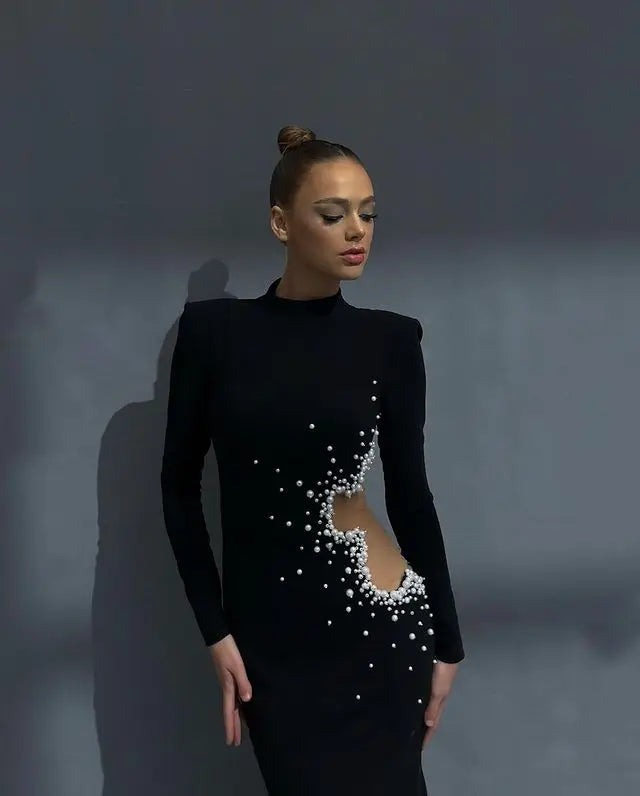 Pearl Embellished Cutout High Neck Long Sleeve Dress