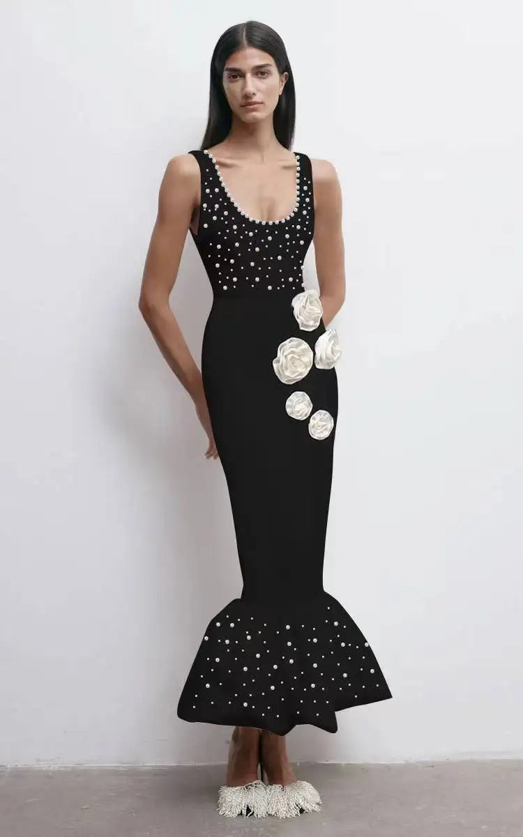 Pearl Flower Midi Mermaid Party Dress Black / Xs Partydress-241208