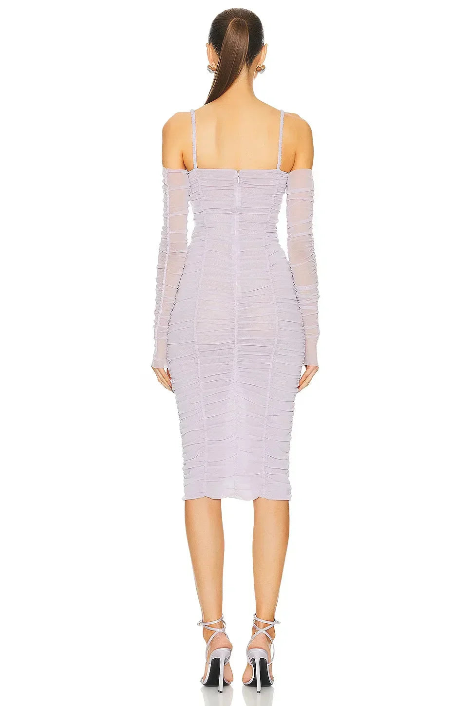 Mesh Off Shoulder Long Sleeve Ruched Rosette Midi Dress