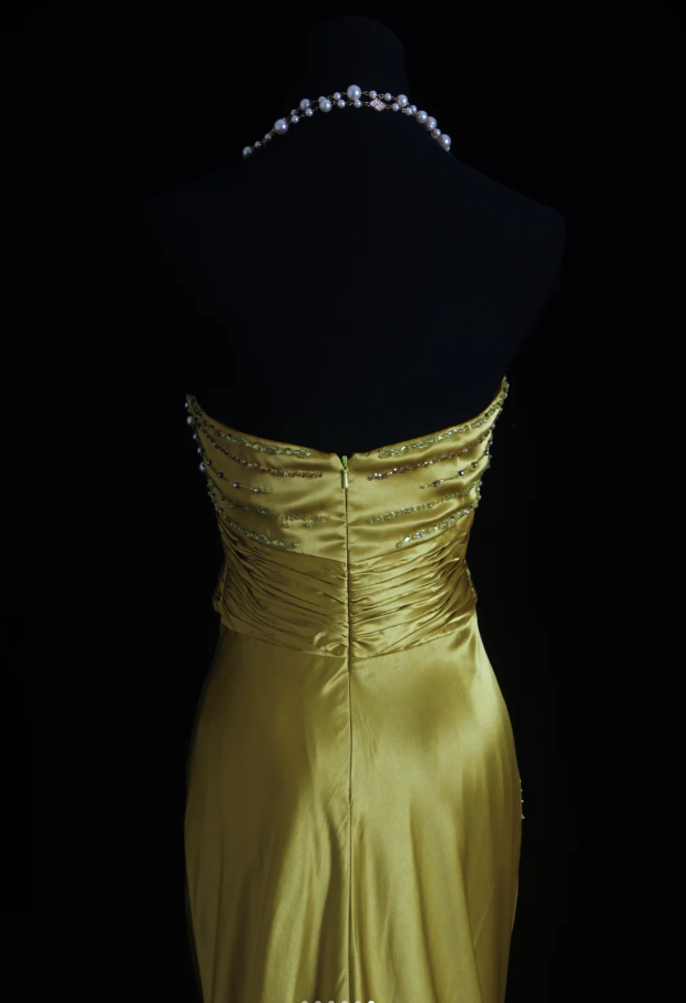 Stylish Strapless Gold Satin Pleated Beaded Mermaid Long Birthday Party Dress Evening Dress D1684