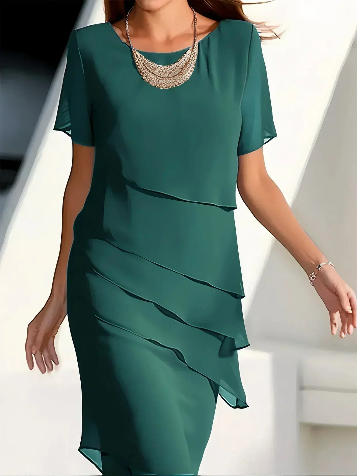Chiffon Short Sleeve Diagonal Overlap Tiered Knee Cocktail Dress - View 4