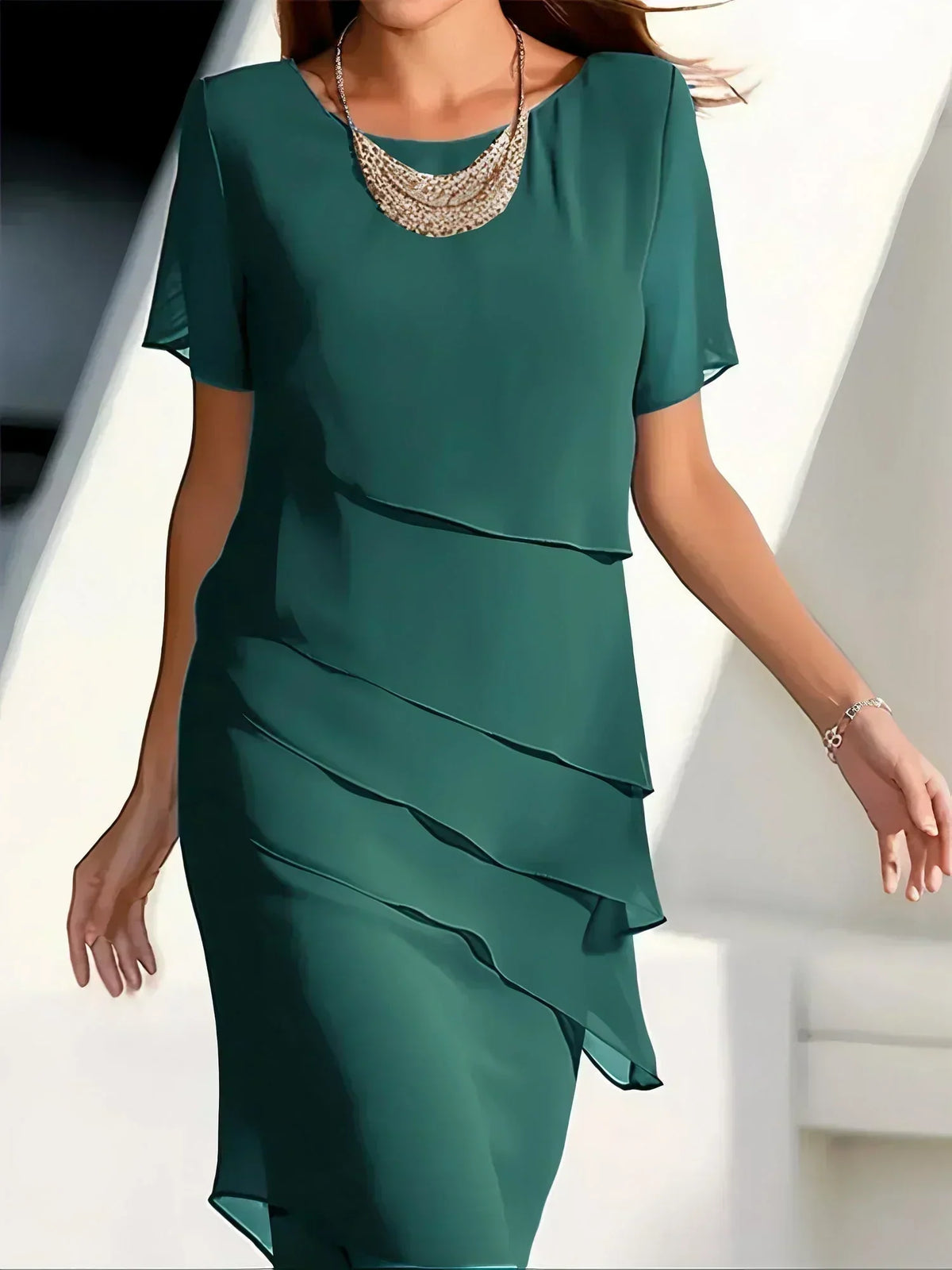 Chiffon Beaded Neck Flutter Sleeve Asymmetric Midi Cocktail Dress - View 3
