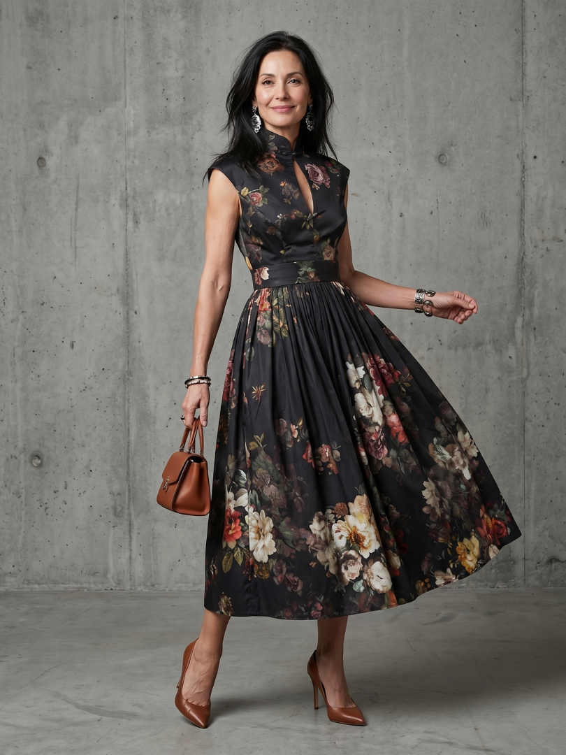 Floral High Neck Keyhole Cap Sleeve Pleated Midi Dress