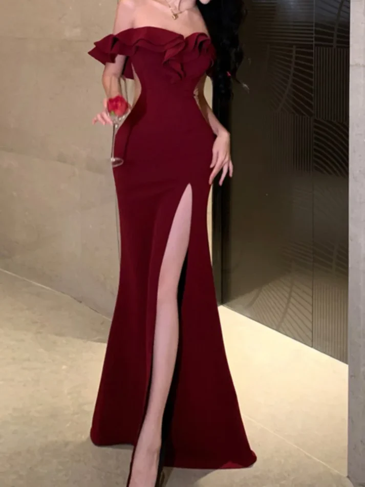 Stylish Burgundy Off The Shoulder Satin Slit Mermaid Evening Dress Long Wedding Guest Dress D1558