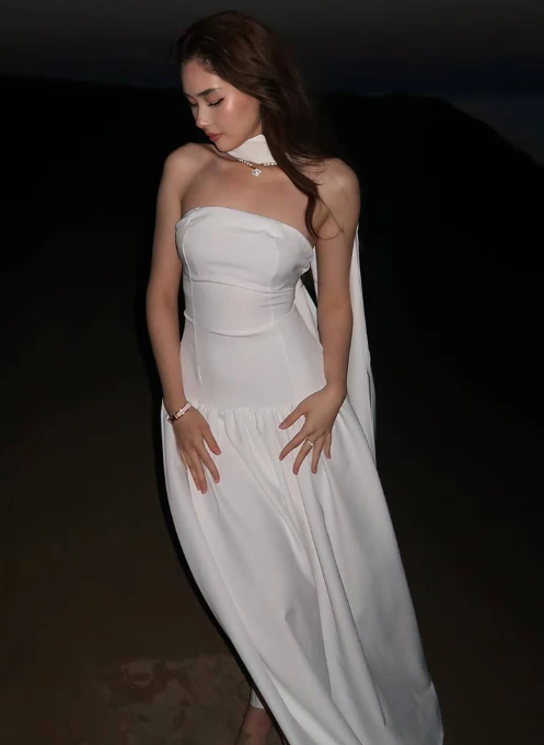 Classy Sleeveless Pink Satin Strapless Long Party Dress Prom Dress With Scarf D958