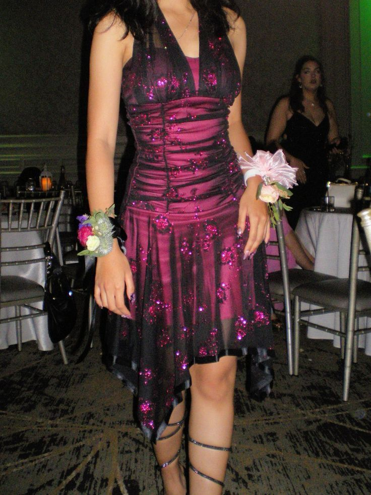 Sparkly Halter Hot Pink Satin tulle Sequin Short Prom Dress Formal Graduation Homecoming Dress D721
