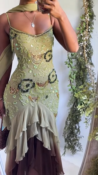Classy Spaghetti Strap Sage Green Chiffon Beaded Mermaid Evening Dress Long Birthday Party Dress With Scarf D1452