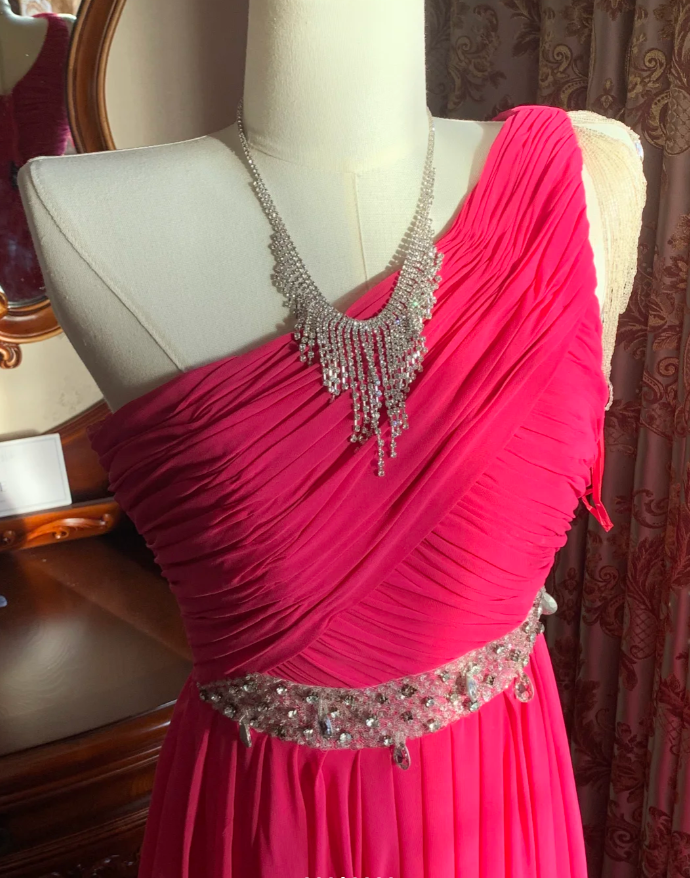 Pretty Rose Red One Shoulder Chiffon Pleated Beaded Evening Dress Long Wedding Guest Dress D1776