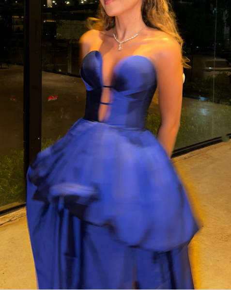 Stylish Royal Blue Strapless Satin Pleated Long Wedding Guest Dress Evening Dress D1546