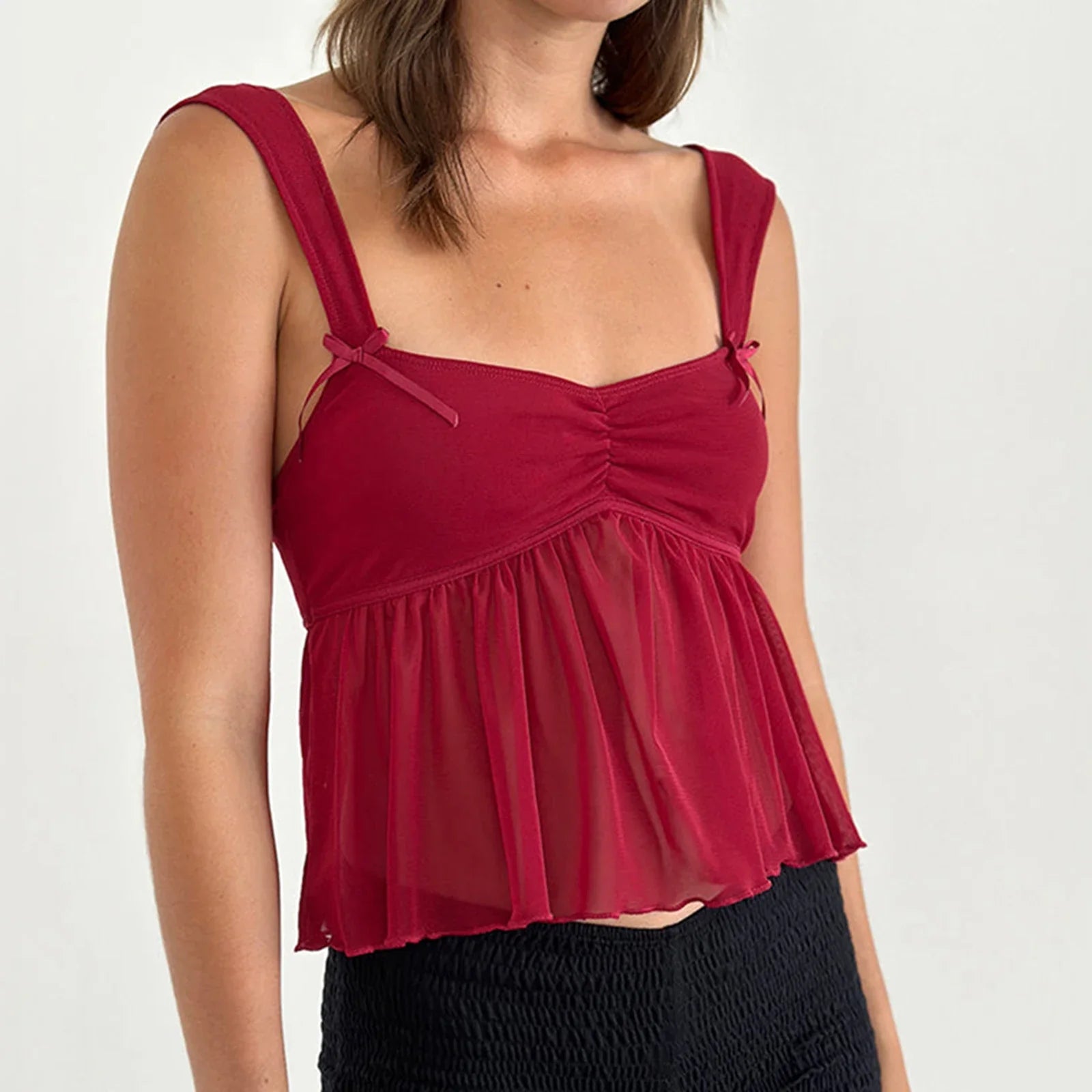 Ruffle Hem Sheer Mesh Crop Top