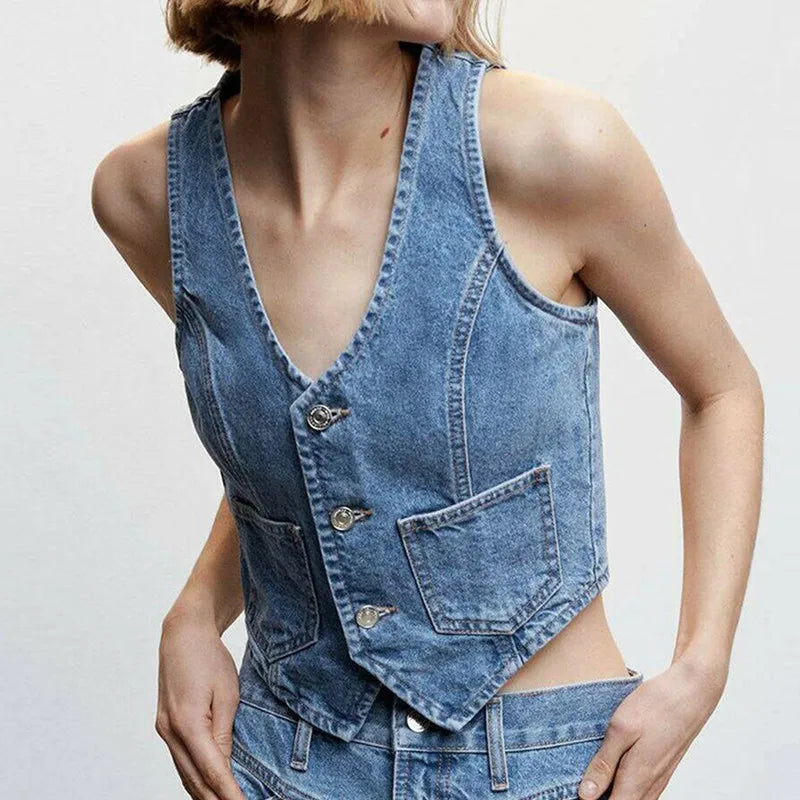 Denim Button V-Neck Crop Top