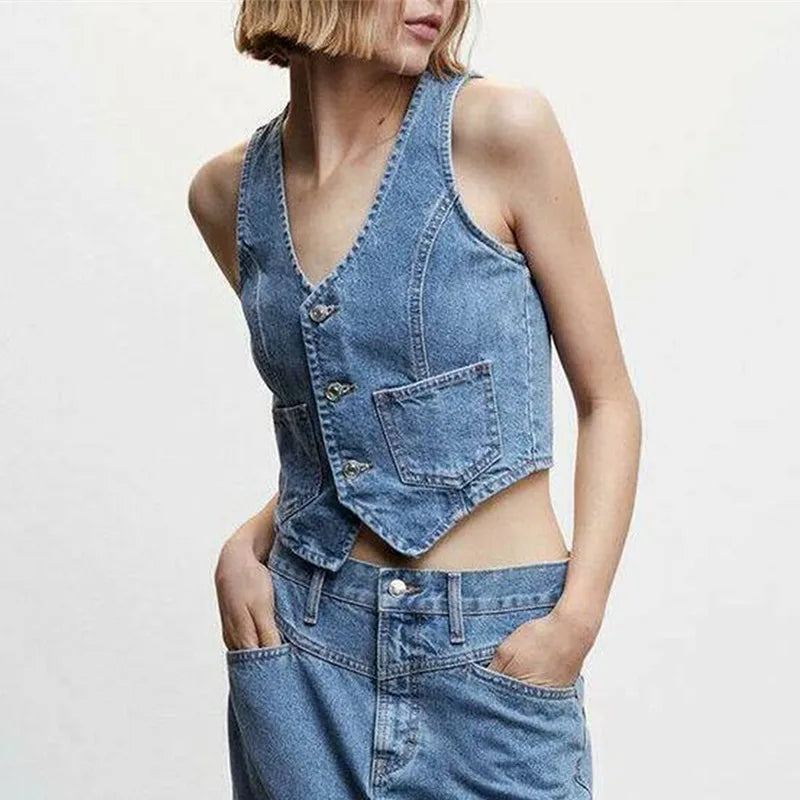 Denim Button V-Neck Crop Top