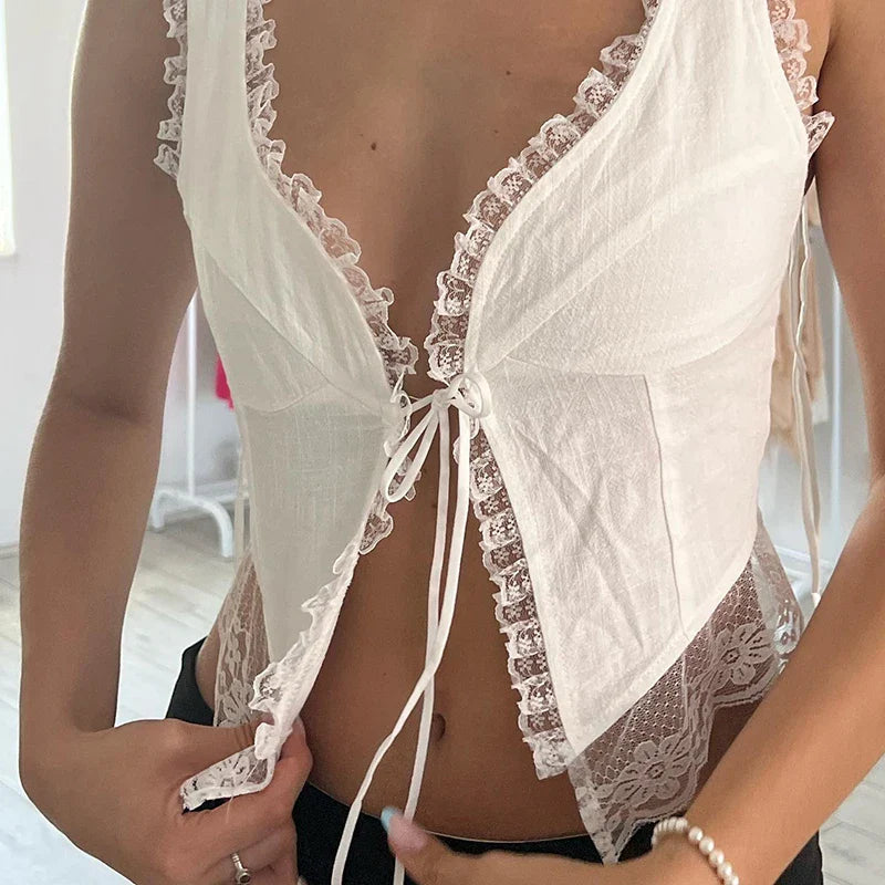 Lace Tie-Up Navel Crop Top