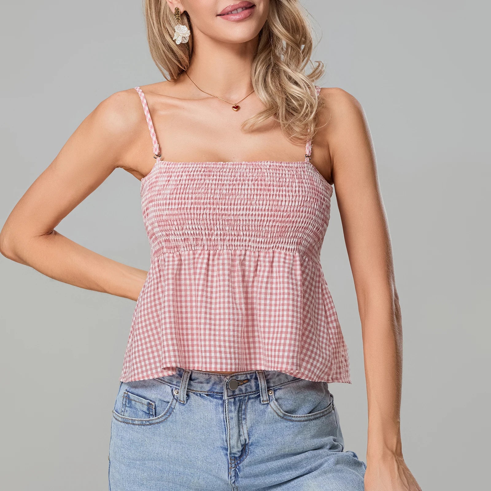 Smocked Gingham Peplum Crop Top