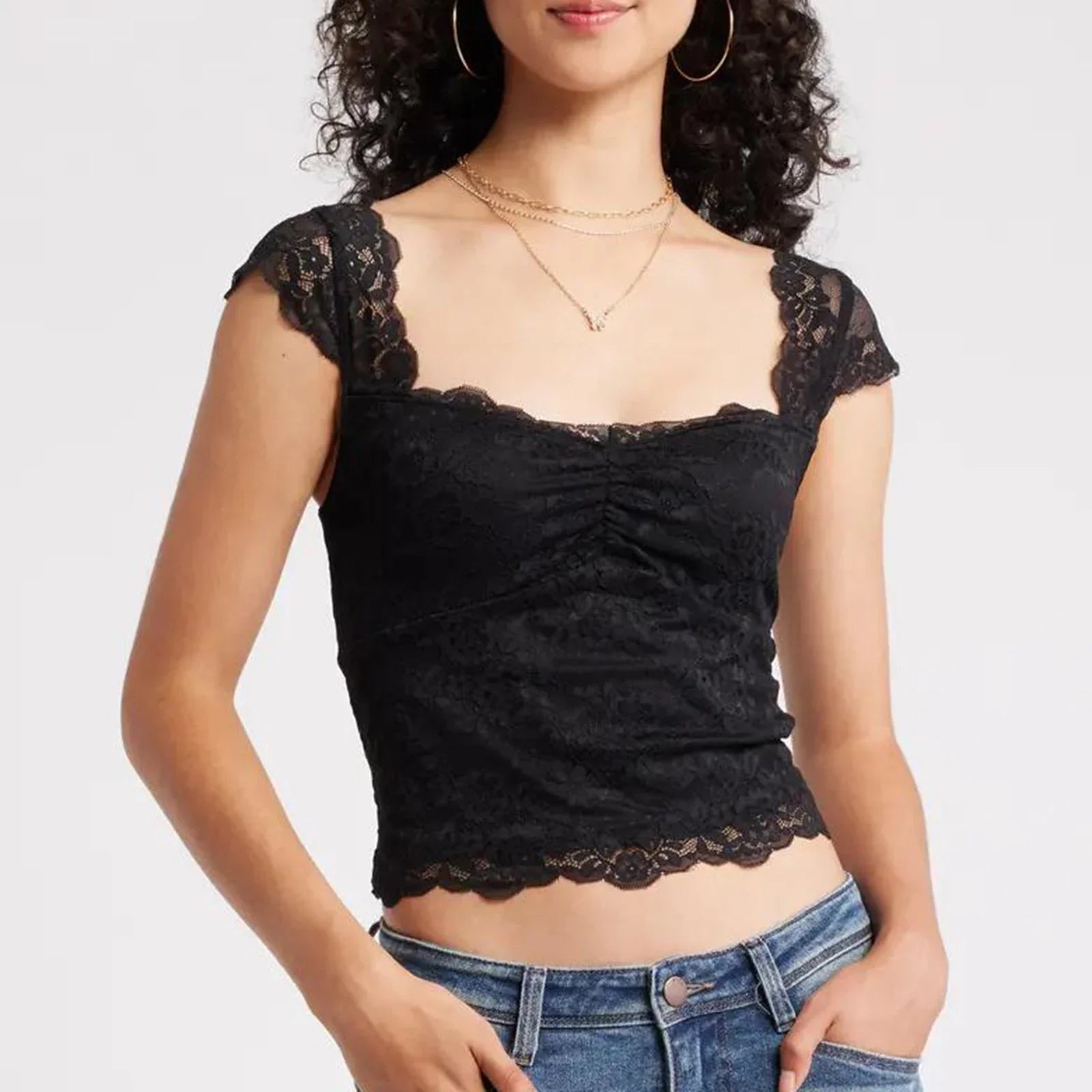 Lace Trim Short Sleeve Crop Top