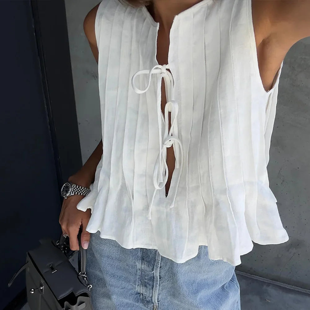 Pleated Cut-Out Ruffle Crop Top