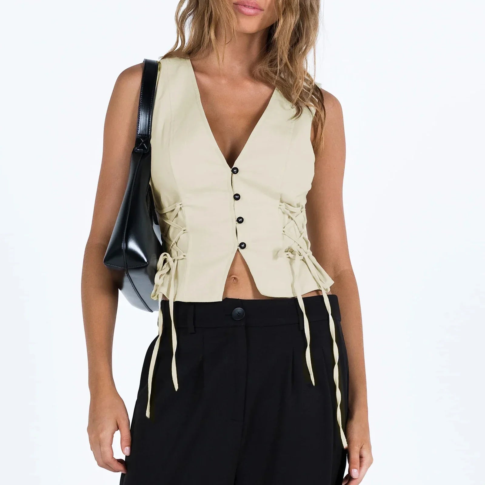 Denim Button V-Neck Crop Top