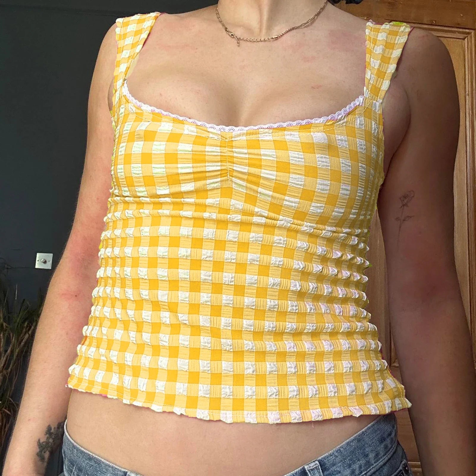 Checkered Lace Square Crop Top