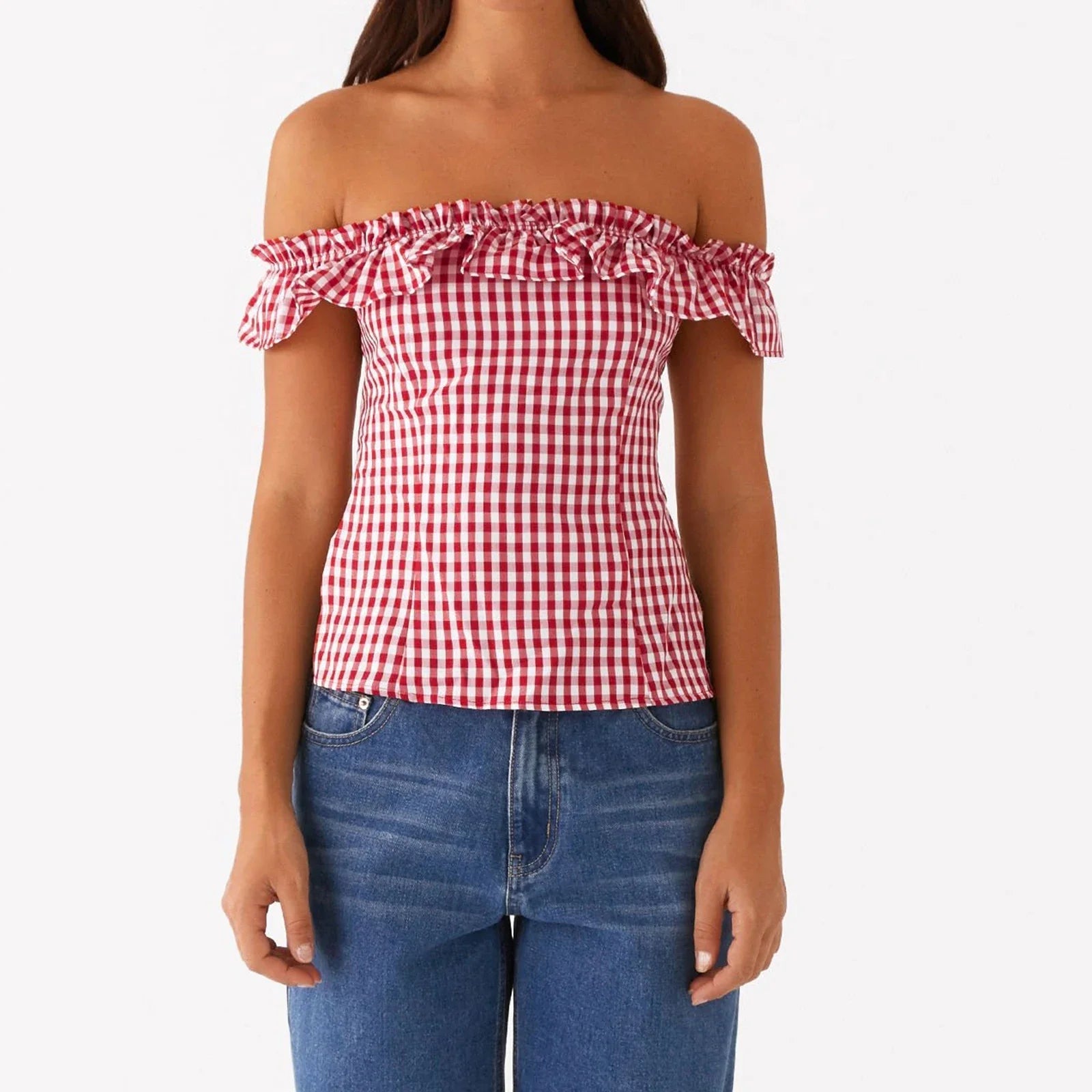 Gingham Square Neck Crop Top