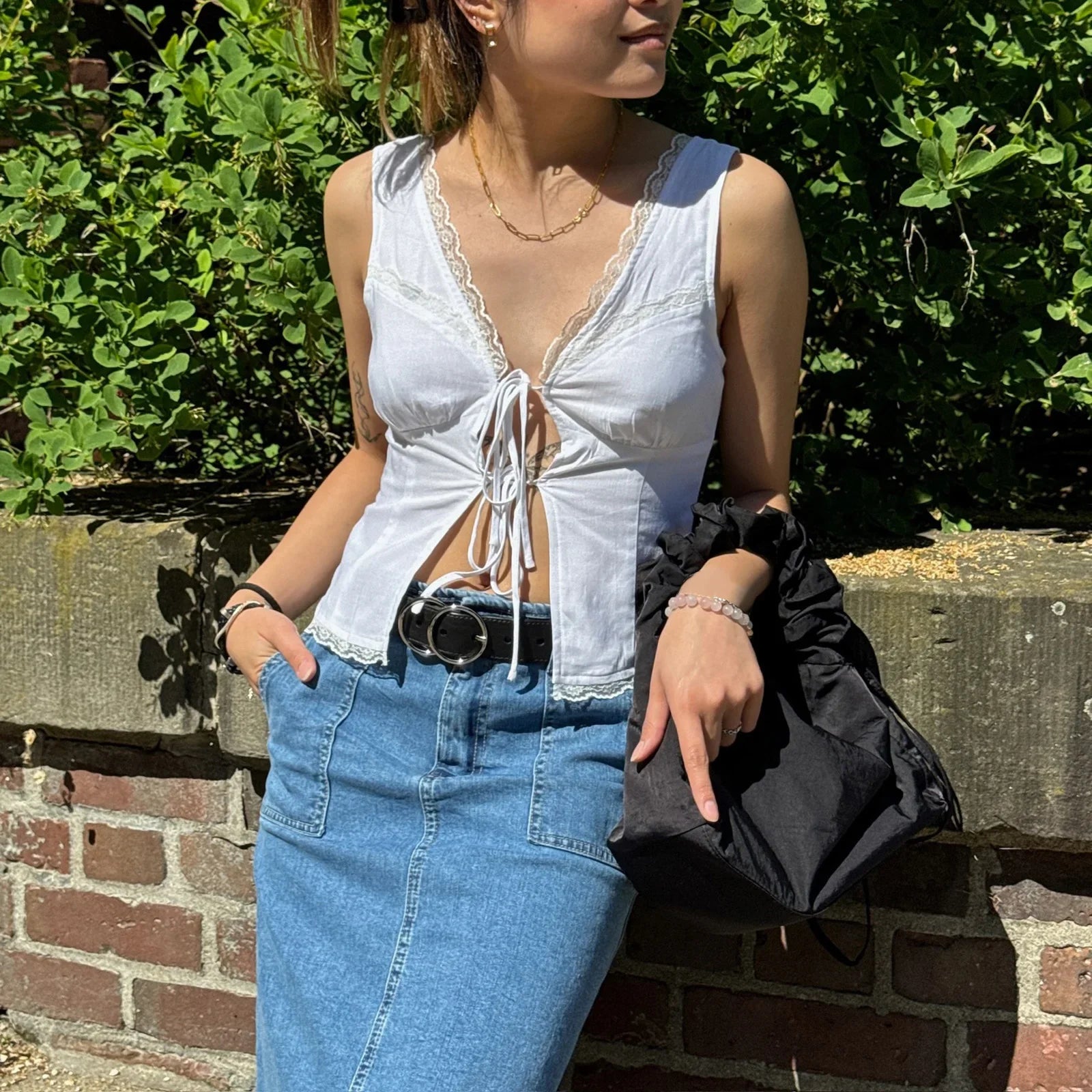 Lace Patchwork Bow Tie Crop Top