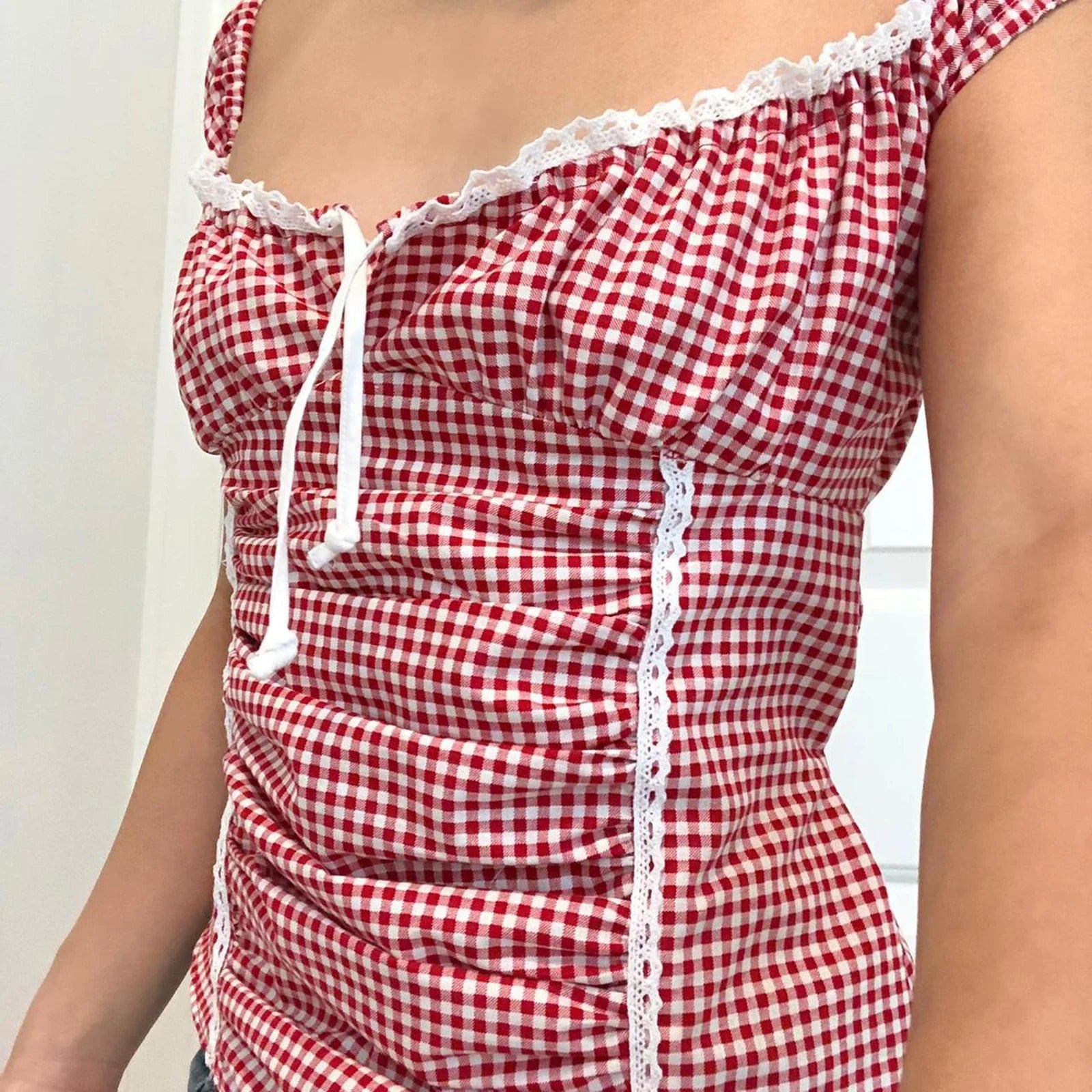 Red Gingham Ruffled Crop Top