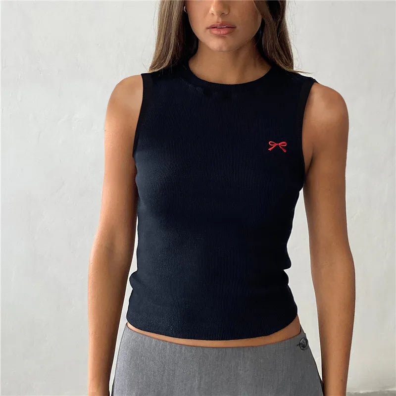 Knit Bow Embroidery Crop Top