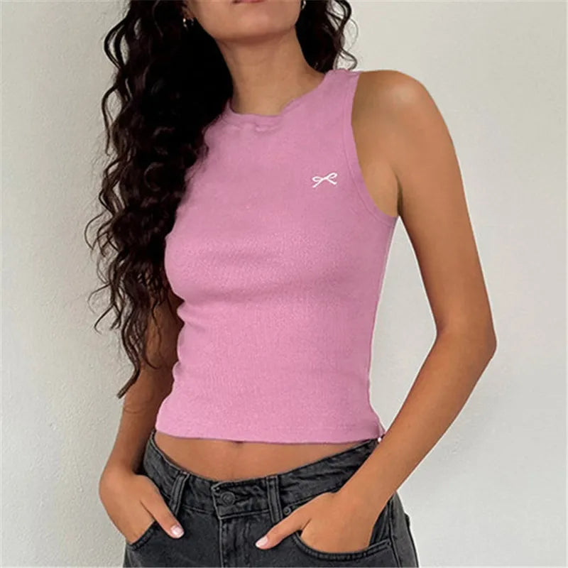 Knit Bow Embroidery Crop Top