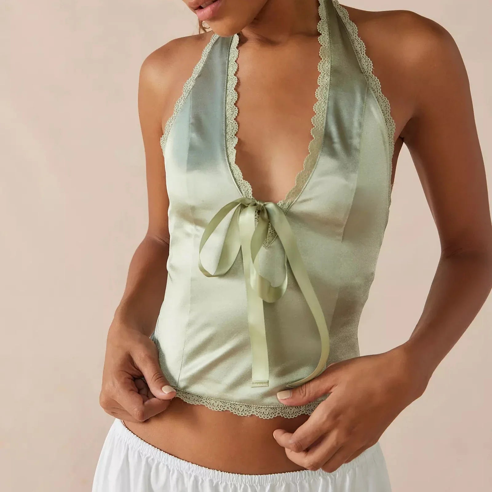 Satin Bowknot V-Neck Crop Top