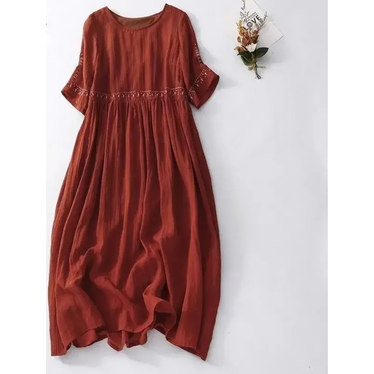 Embroidered Empire Waist Linen Look Summer Midi Dress