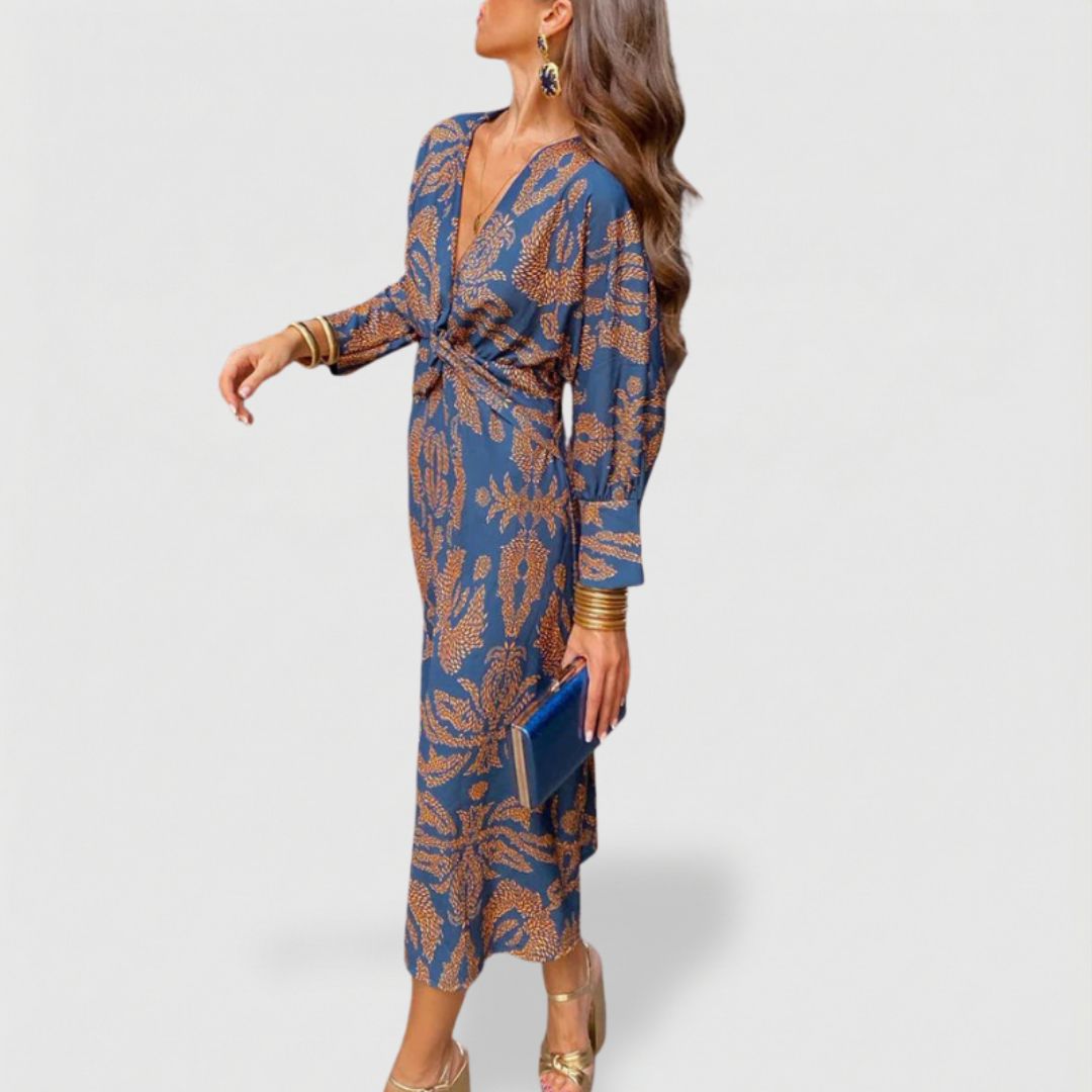 Leaf Print Deep V-Neck Long Sleeve Twist Front Midi Dress