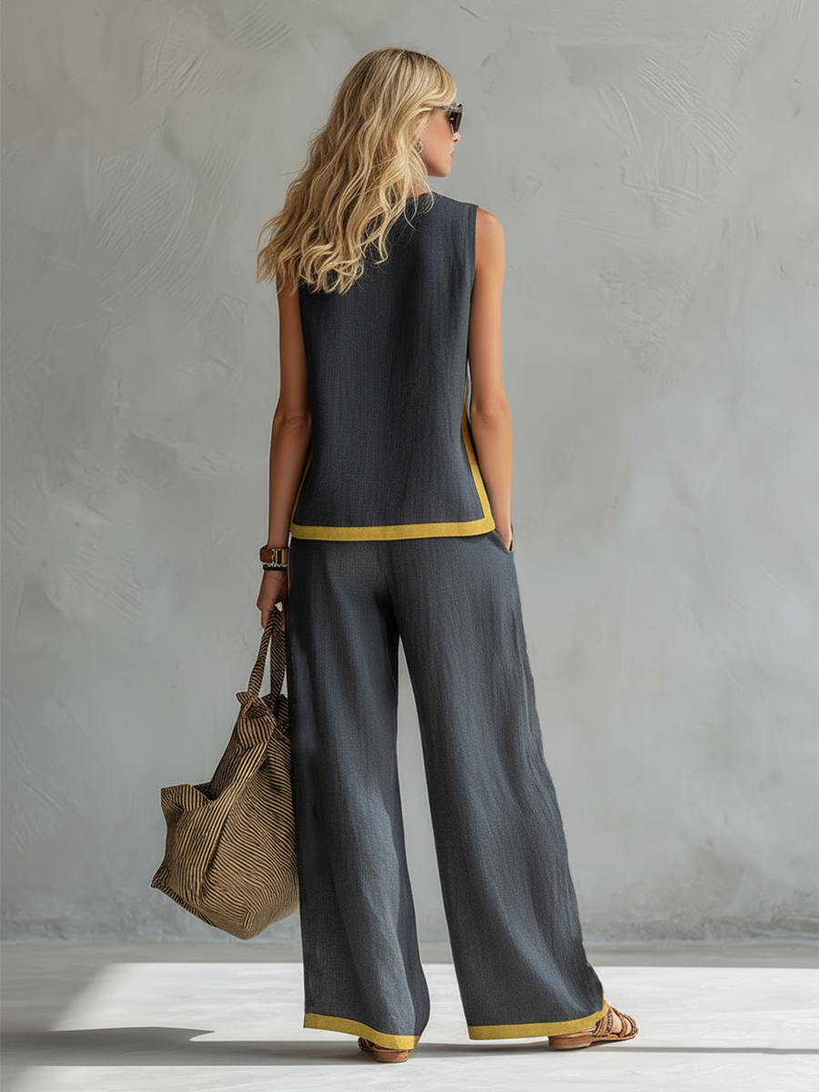 Sleeveless Contrast Trim Top and Wide Leg Pants Two Piece Set 4