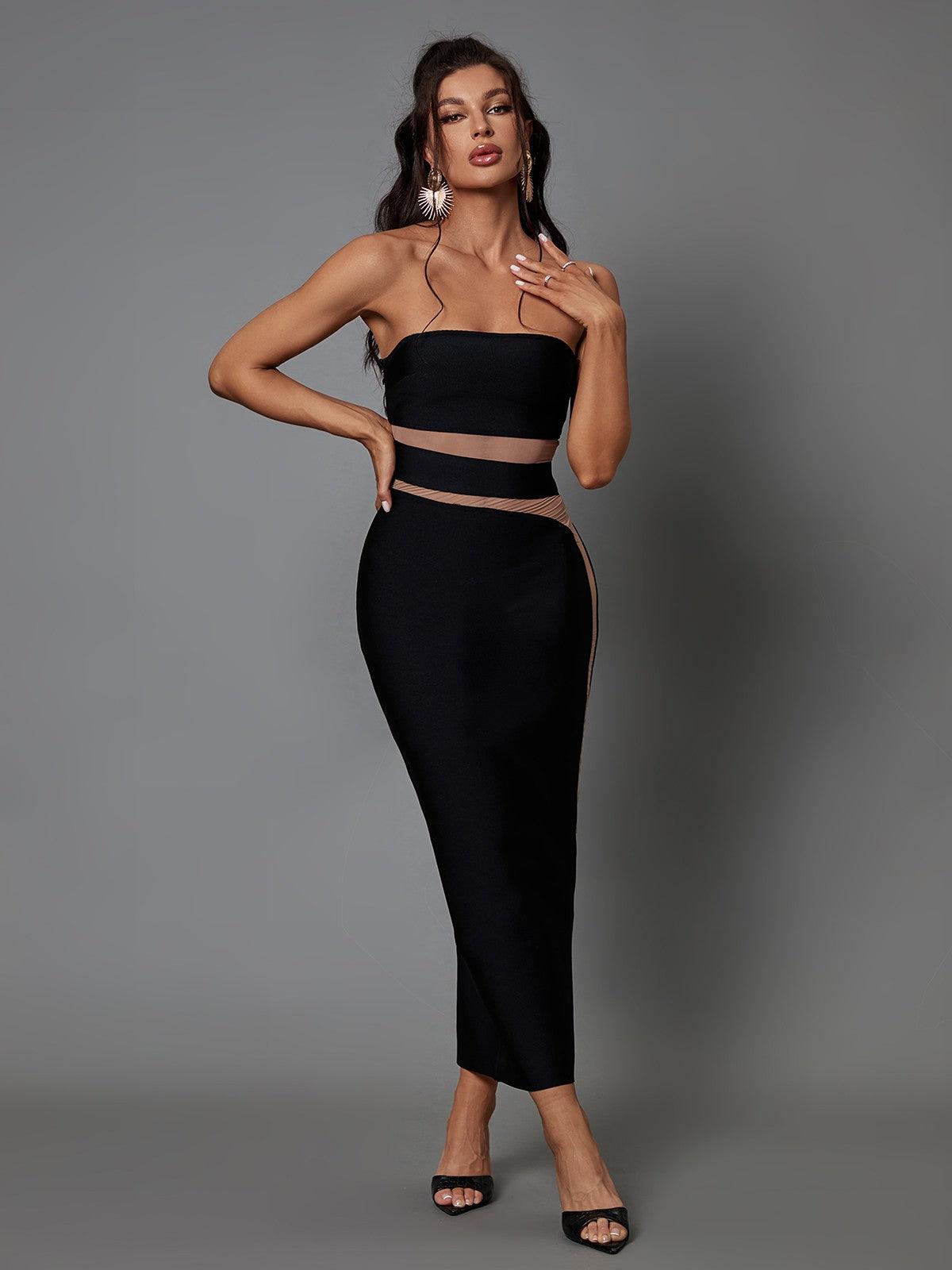Bandage Strapless Mesh Insert Bodycon Midi Dress - View 2