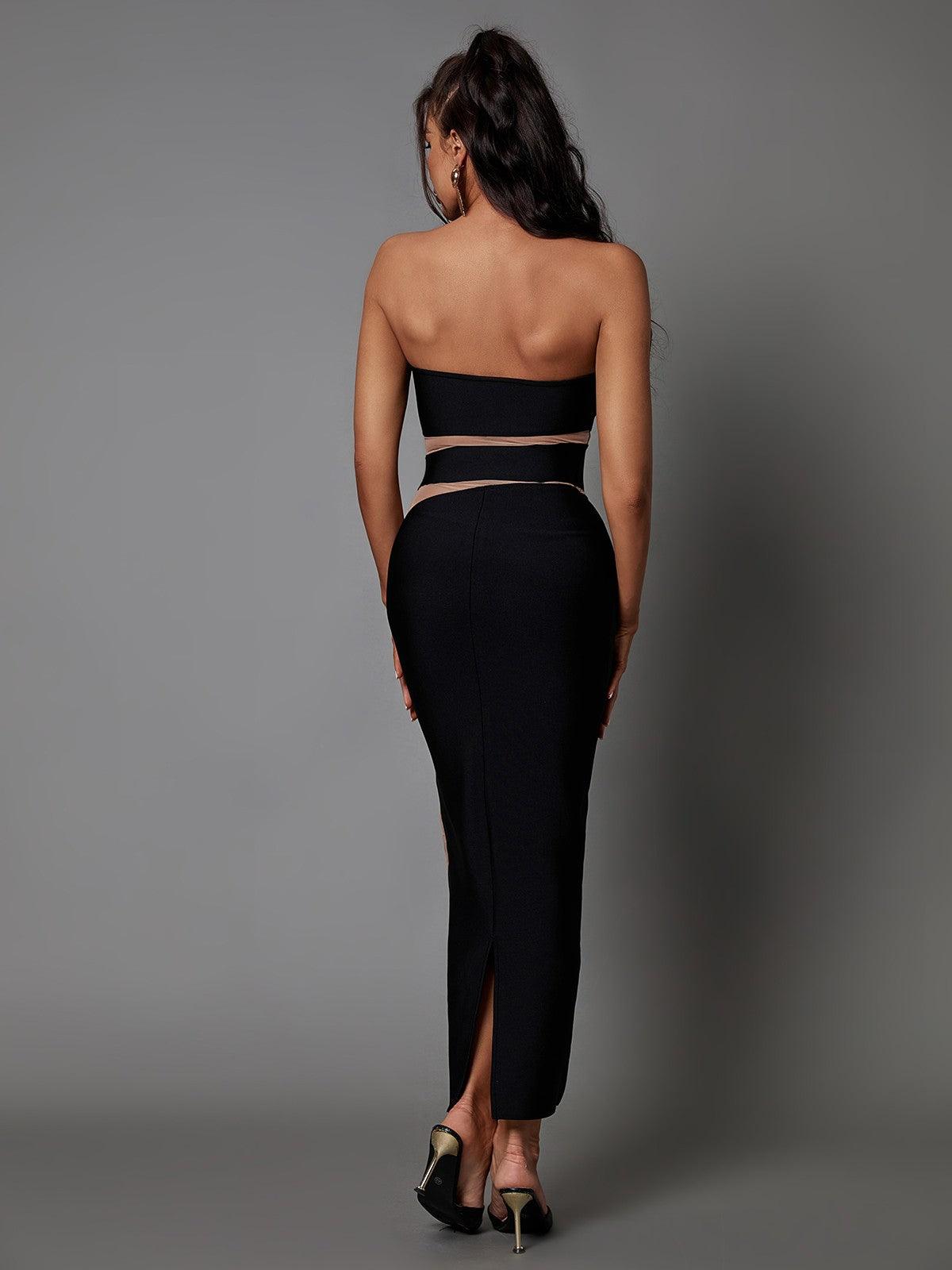 Bandage Strapless Mesh Insert Bodycon Midi Dress - View 5