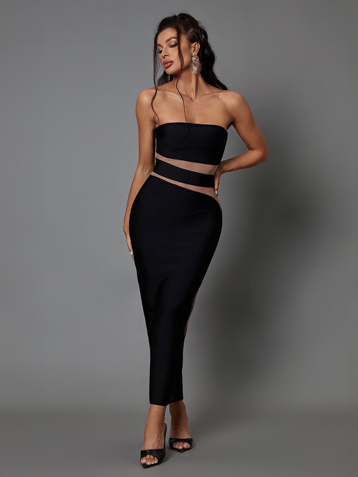 Bandage Strapless Mesh Insert Bodycon Midi Dress - View 3