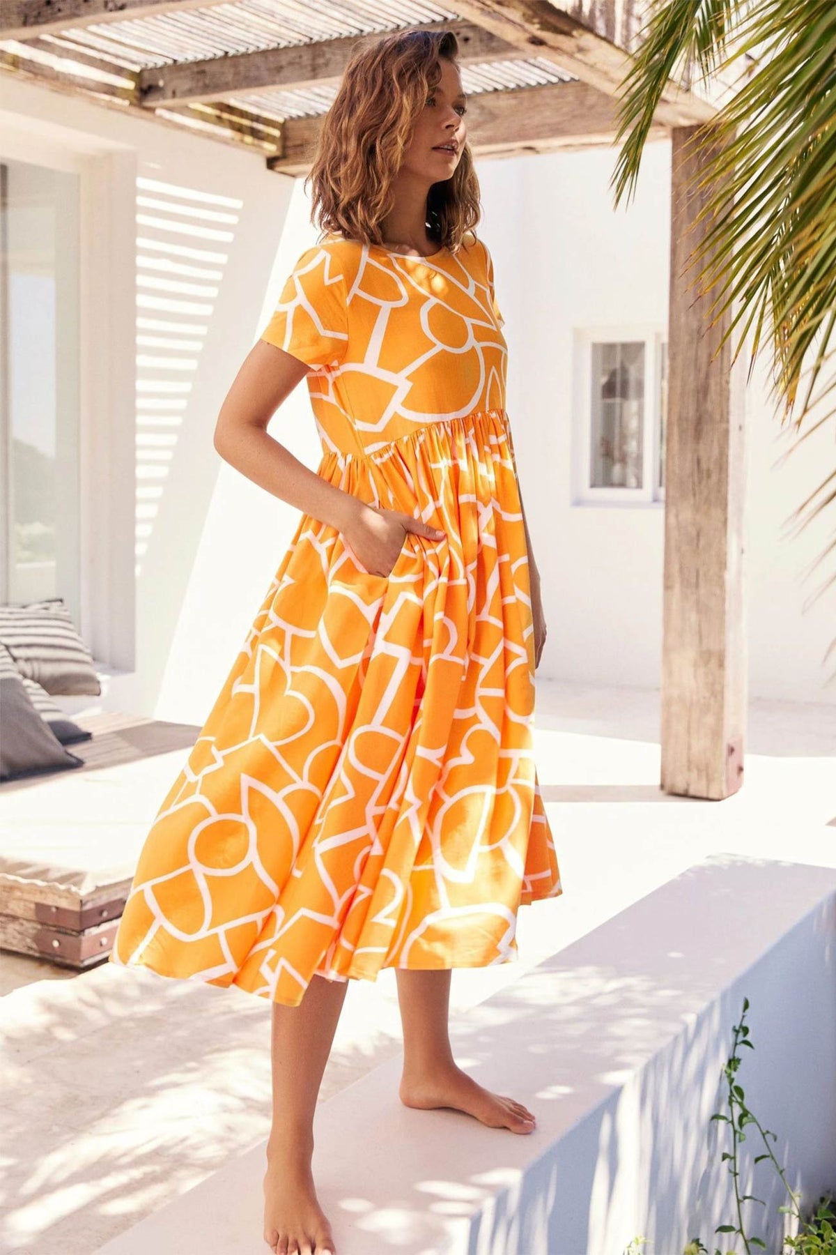 High Waist Ruched Dress with Geometric Print