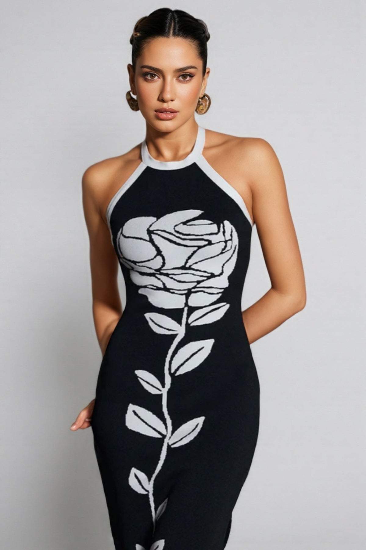 Floral Halter Neck Bandage Bodycon Midi Dress - View 2