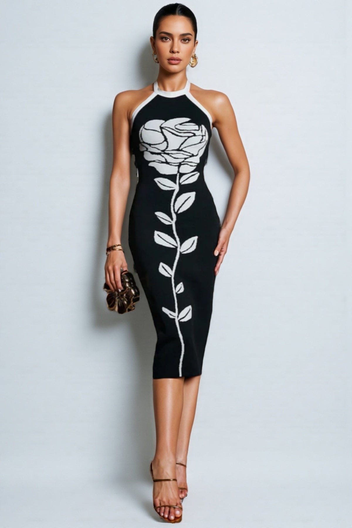 Floral Halter Neck Bandage Bodycon Midi Dress