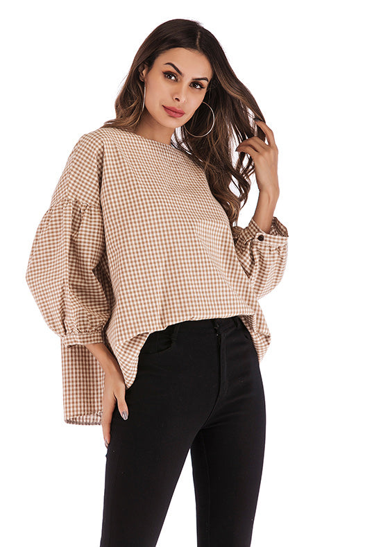 Gingham Button Back Blouse With Puff Sleeves