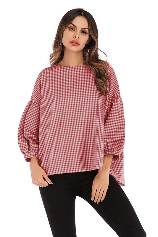 Gingham Button Back Blouse With Puff Sleeves - Mislish