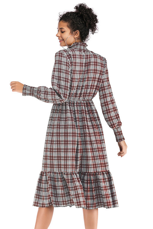 Gingham Ruffle Trim High Neck Chiffon Dress